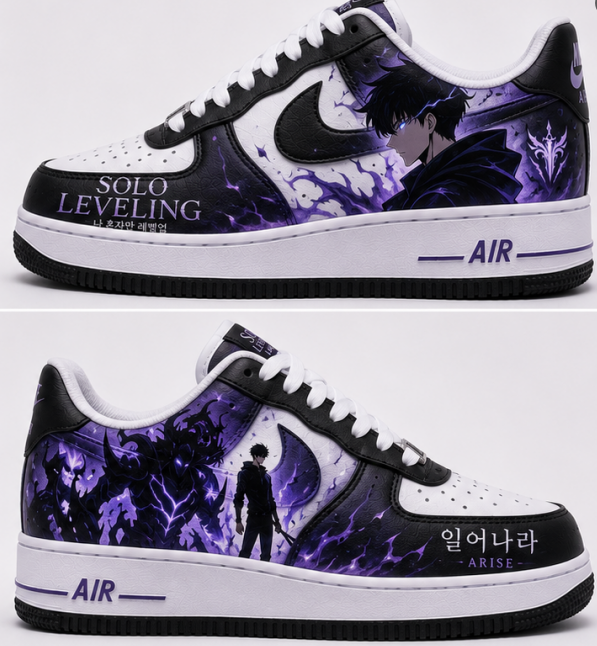 Custom Solo Leveling Purple Shadow Monarch Hand-Painted Air Force 1 – Sung Jinwoo Anime Sneakers with Violet Aura Design