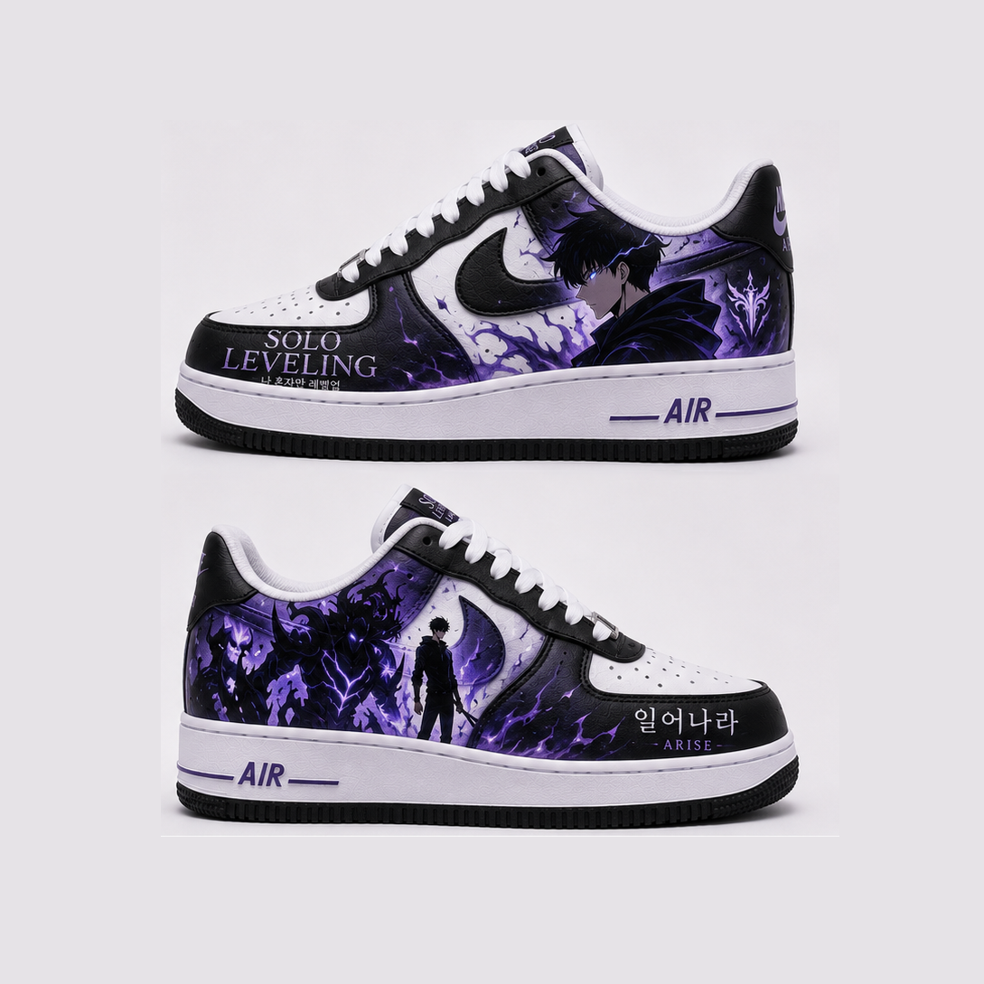 Custom Solo Leveling Purple Shadow Monarch Hand-Painted Air Force 1 – Sung Jinwoo Anime Sneakers with Violet Aura Design