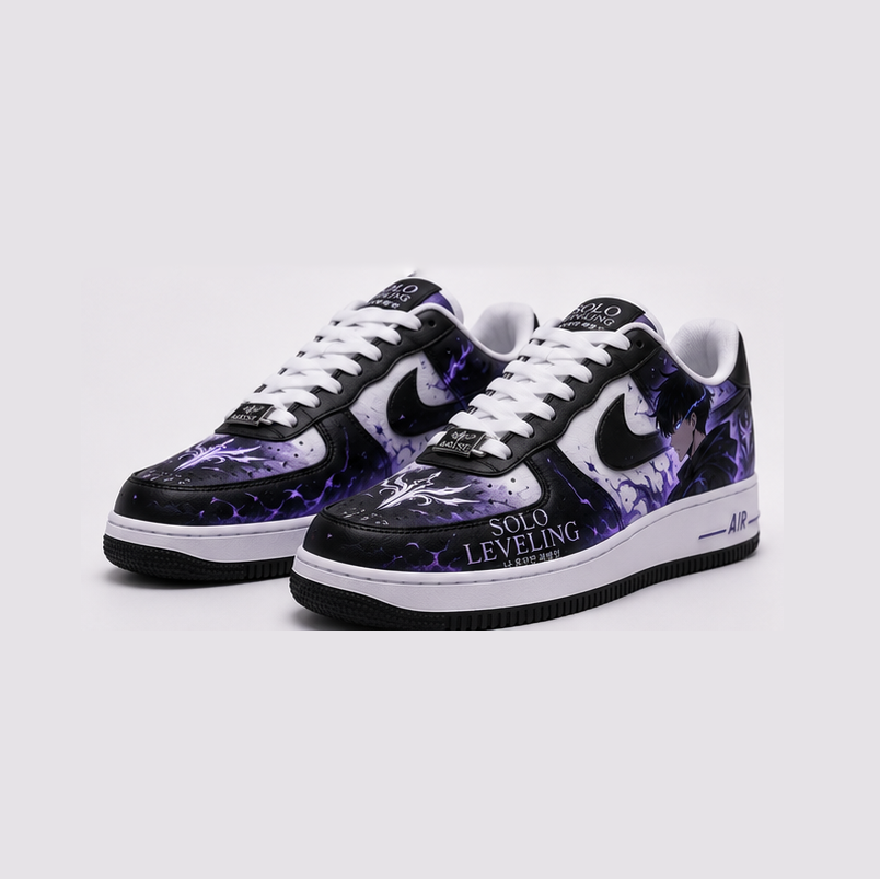 Custom Solo Leveling Purple Shadow Monarch Hand-Painted Air Force 1 – Sung Jinwoo Anime Sneakers with Violet Aura Design