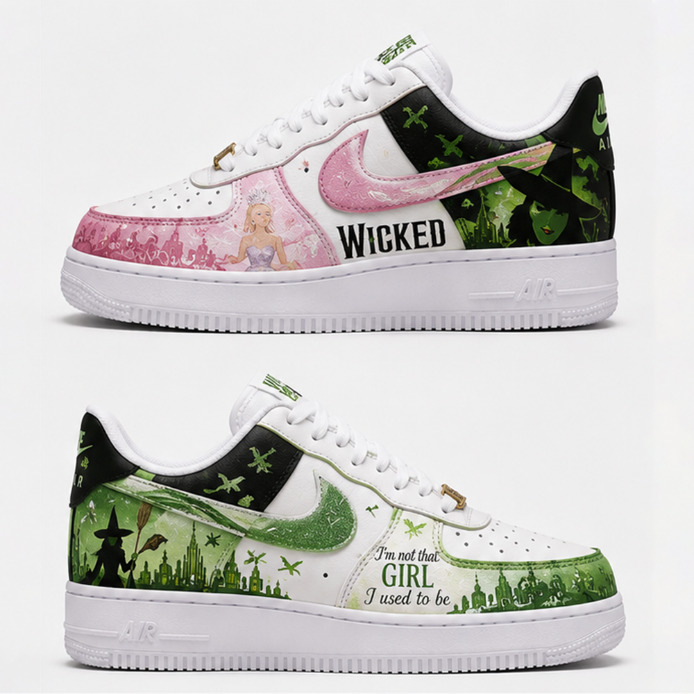 Custom Wicked Inspired Hand-Painted Air Force 1 Sneakers – Pink & Green Musical Fantasy Shoes