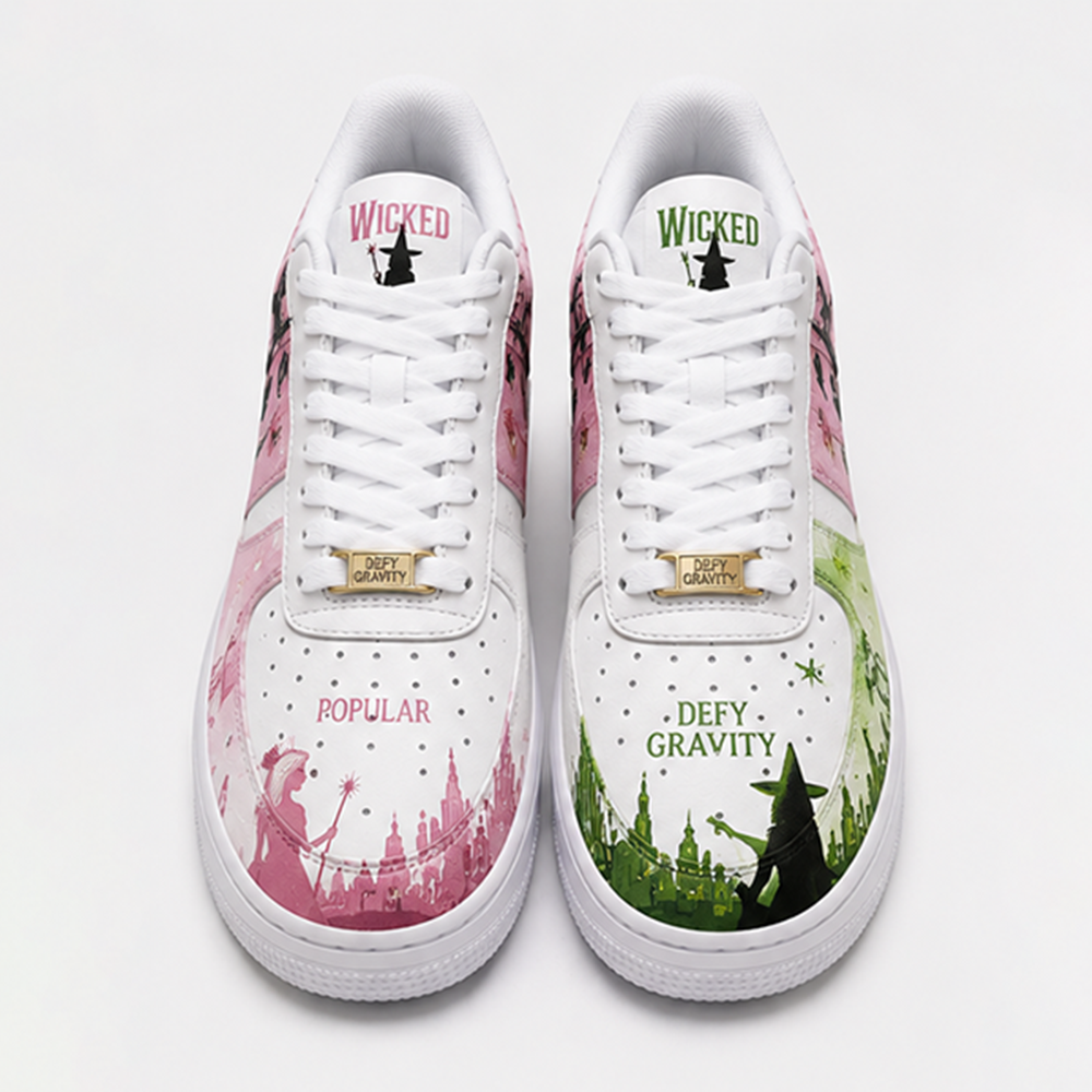 Custom Wicked Inspired Hand-Painted Air Force 1 Sneakers – Pink & Green Musical Fantasy Shoes