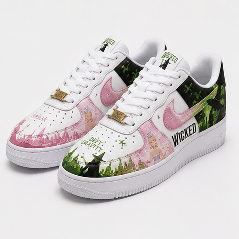 Custom Wicked Inspired Hand-Painted Air Force 1 Sneakers – Pink & Green Musical Fantasy Shoes