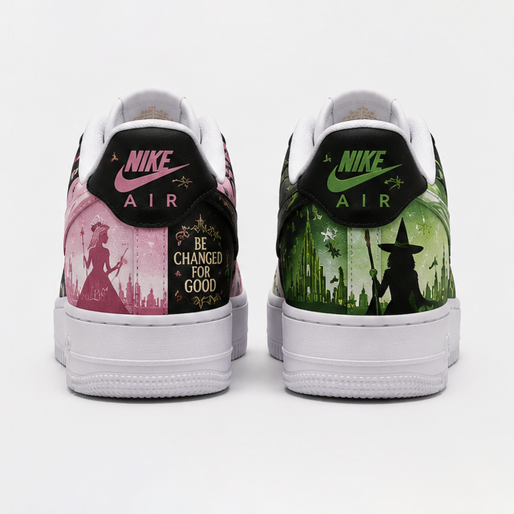 Custom Wicked Inspired Hand-Painted Air Force 1 Sneakers – Pink & Green Musical Fantasy Shoes