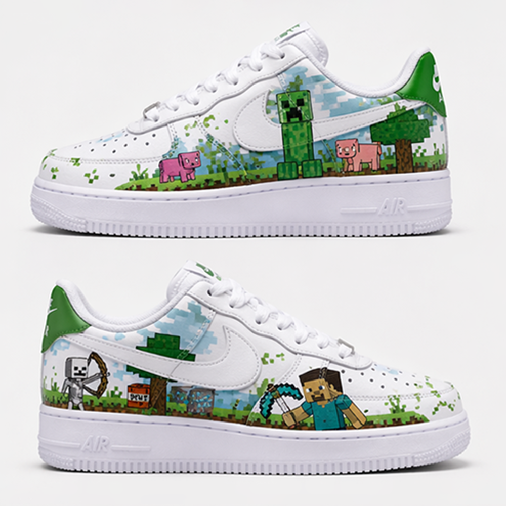 Minecraft Inspired Custom Hand-Painted Air Force 1 Sneakers – Pixel Art Gaming Shoes