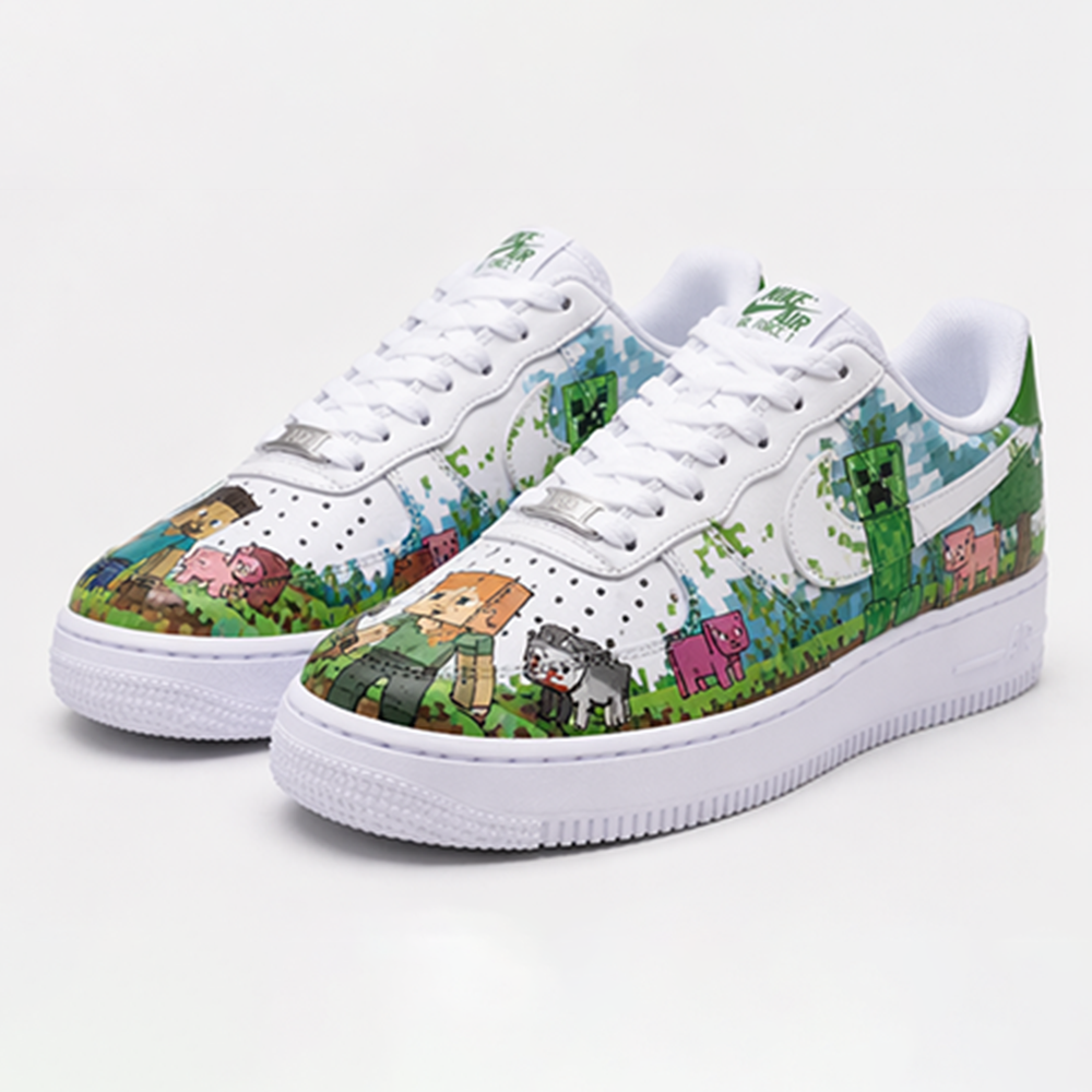 Minecraft Inspired Custom Hand-Painted Air Force 1 Sneakers – Pixel Art Gaming Shoes
