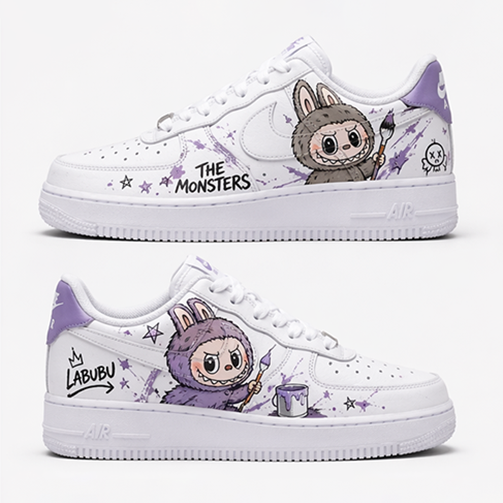 Custom Hand-Painted Purple Labubu Air Force 1 Low Sneakers – Personalized Anime Cartoon Streetwear Shoes