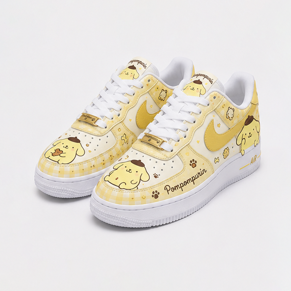 Custom Pompompurin Air Force 1 Sneakers – Cute Yellow Sanrio Inspired Hand-Painted Anime Streetwear Shoes