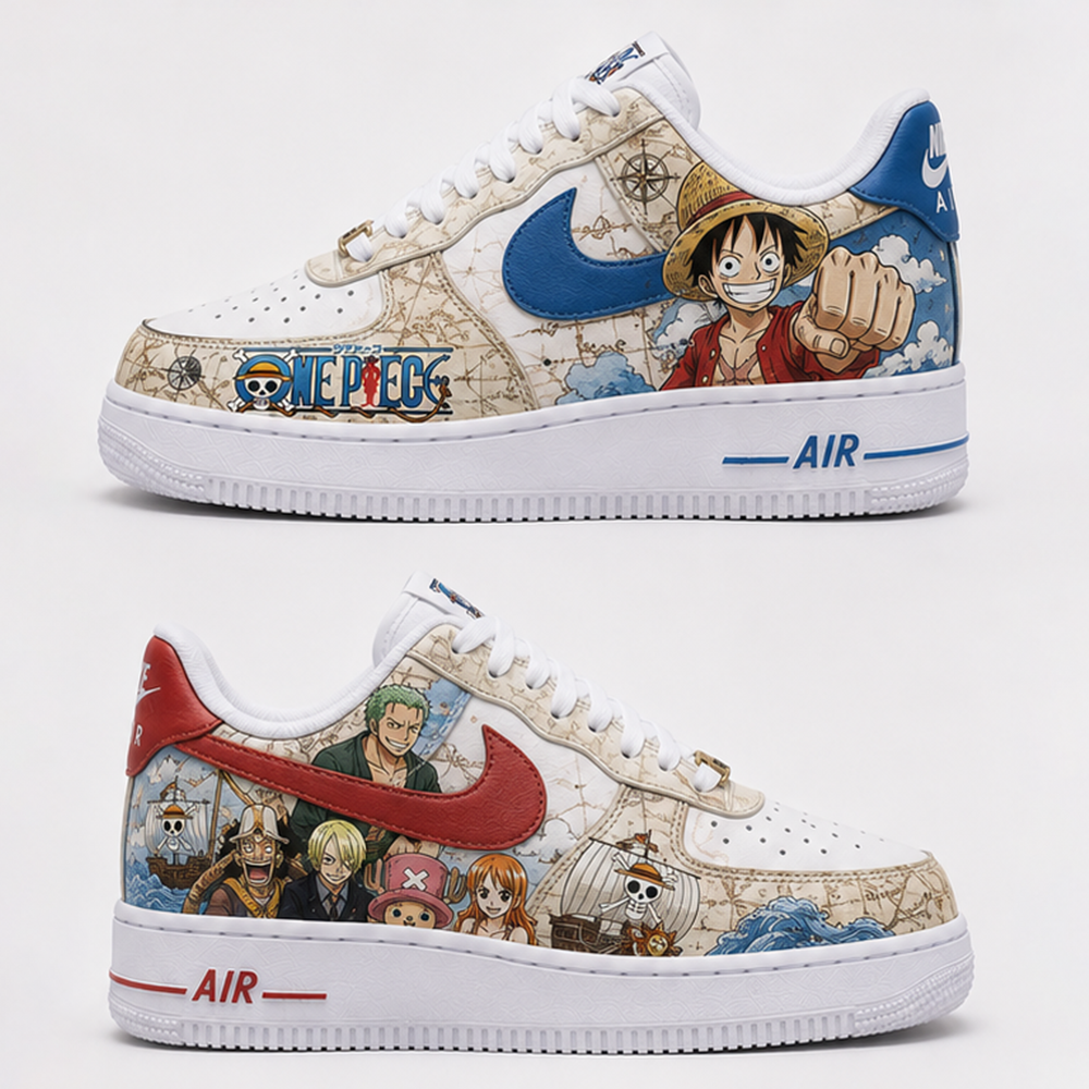 Custom One Piece Air Force 1 Sneakers – Anime Pirate Map Hand-Painted Luffy & Straw Hat Crew Streetwear Shoes