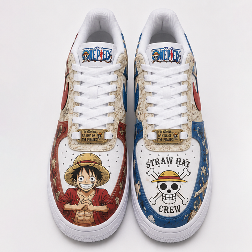Custom One Piece Air Force 1 Sneakers – Anime Pirate Map Hand-Painted Luffy & Straw Hat Crew Streetwear Shoes