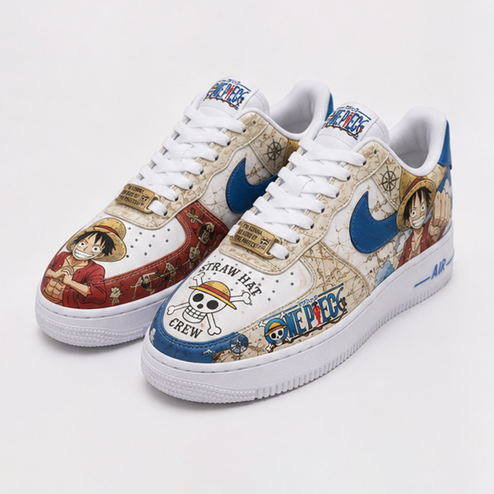 Custom One Piece Air Force 1 Sneakers – Anime Pirate Map Hand-Painted Luffy & Straw Hat Crew Streetwear Shoes