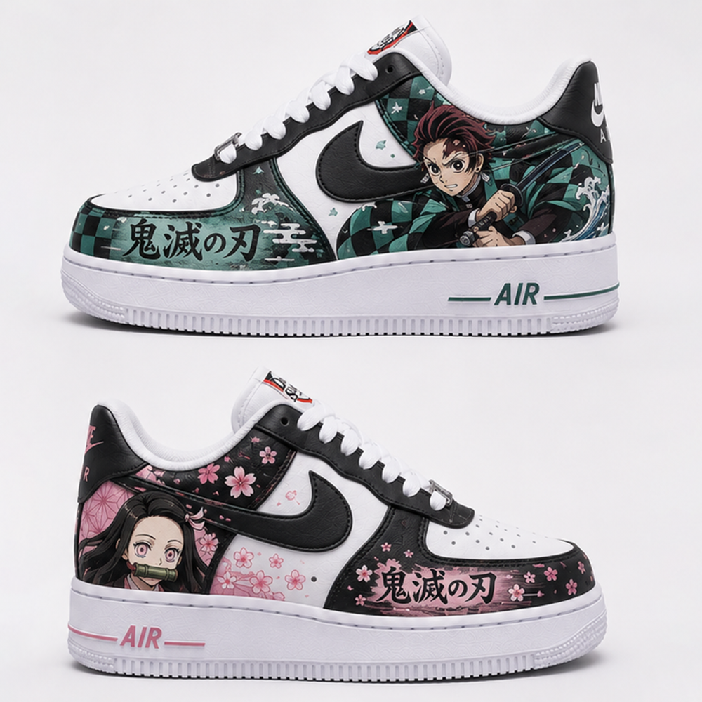 Custom Demon Slayer Hand-Painted Air Force 1 Sneakers – Tanjiro & Nezuko Anime Couple Shoes | Kimetsu no Yaiba Streetwear Art
