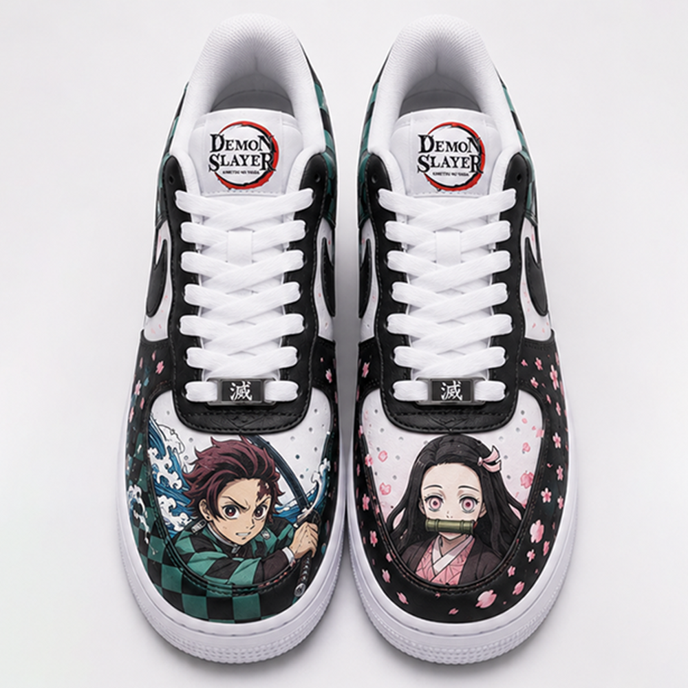 Custom Demon Slayer Hand-Painted Air Force 1 Sneakers – Tanjiro & Nezuko Anime Couple Shoes | Kimetsu no Yaiba Streetwear Art