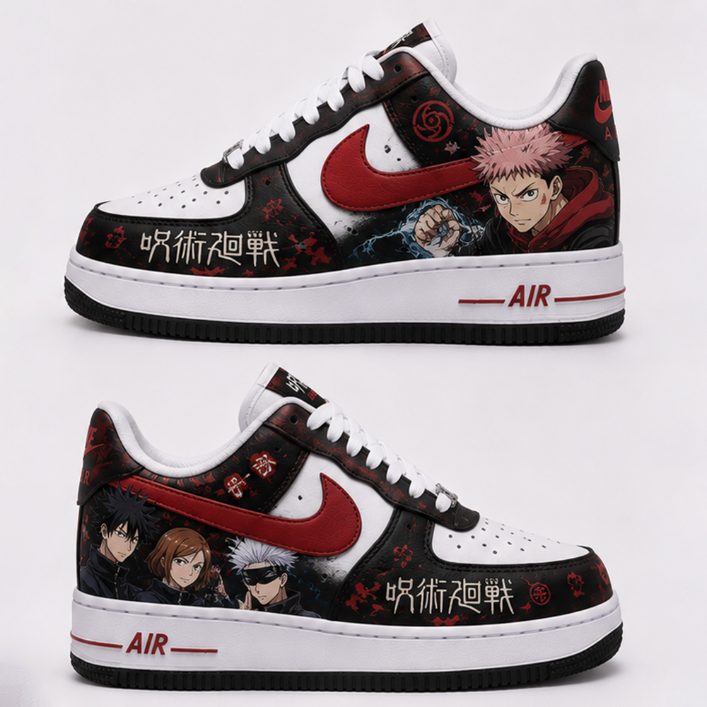 Jujutsu Kaisen Custom Nike Air Force 1 – Hand Painted Anime Sneakers with Yuji Itadori, Gojo & Megumi Design