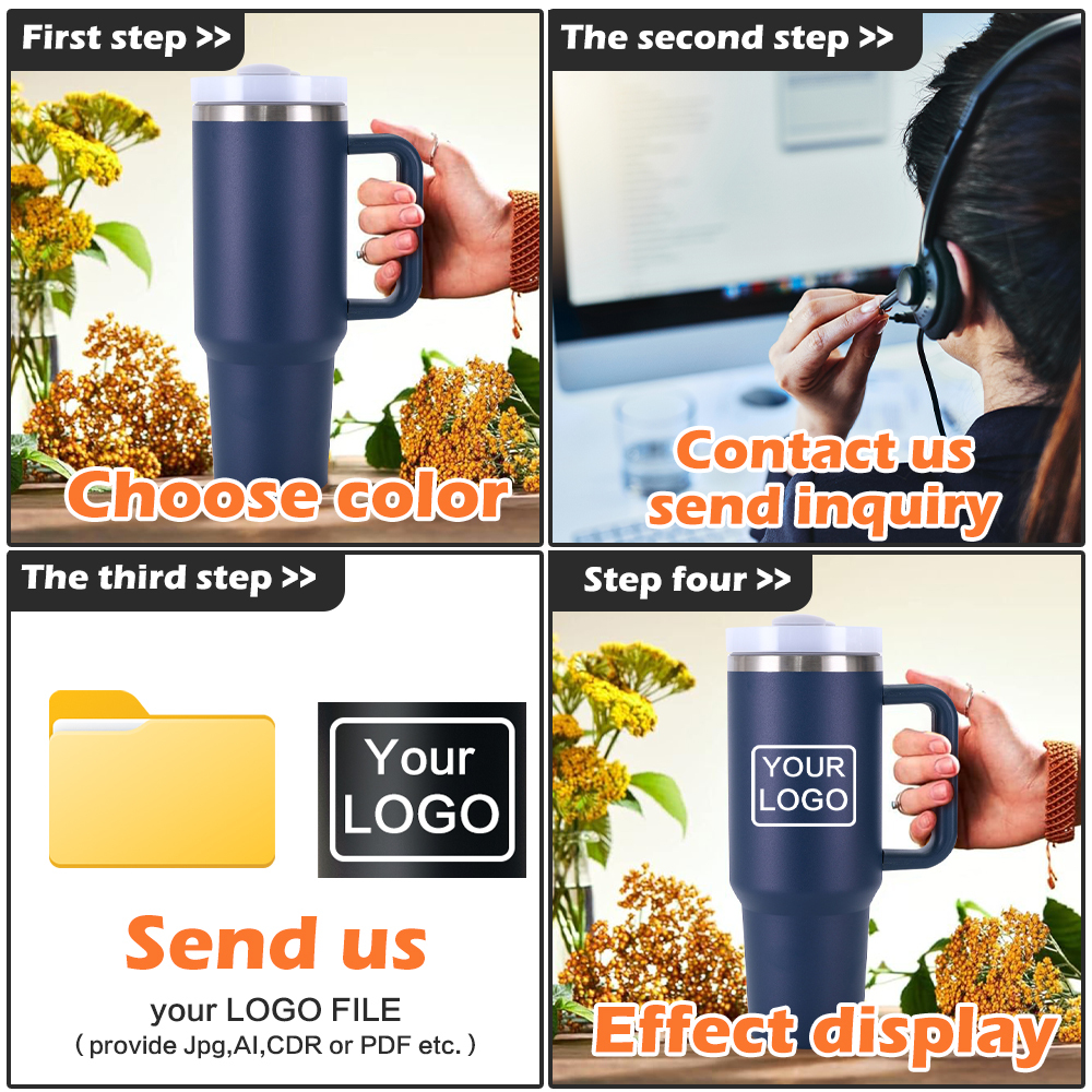 Custom Coffee Tumbler Blue 40 oz Stainless Steel Vacuum Insulated Travel Mugs H2.0