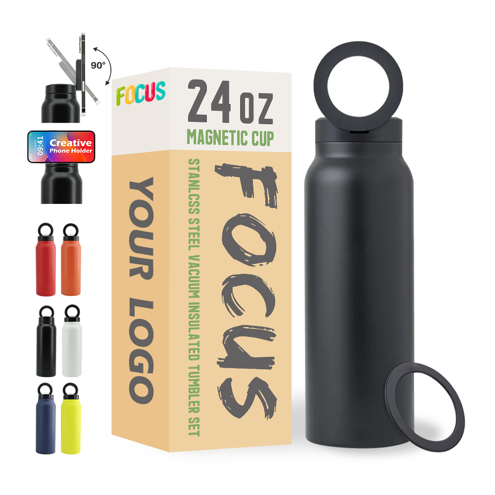 24oz Custom Water Bottles Magnetic Phone Holder Lids Stainless Steel Insulated Tumbler