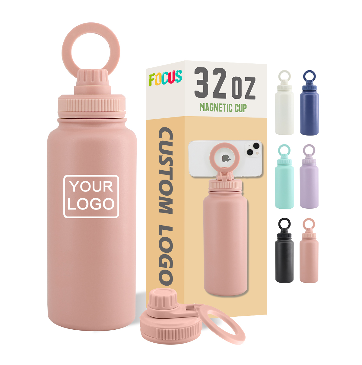 Custom Water Bottles 32oz with Magnetic Lid Phone Holder Booster Ring