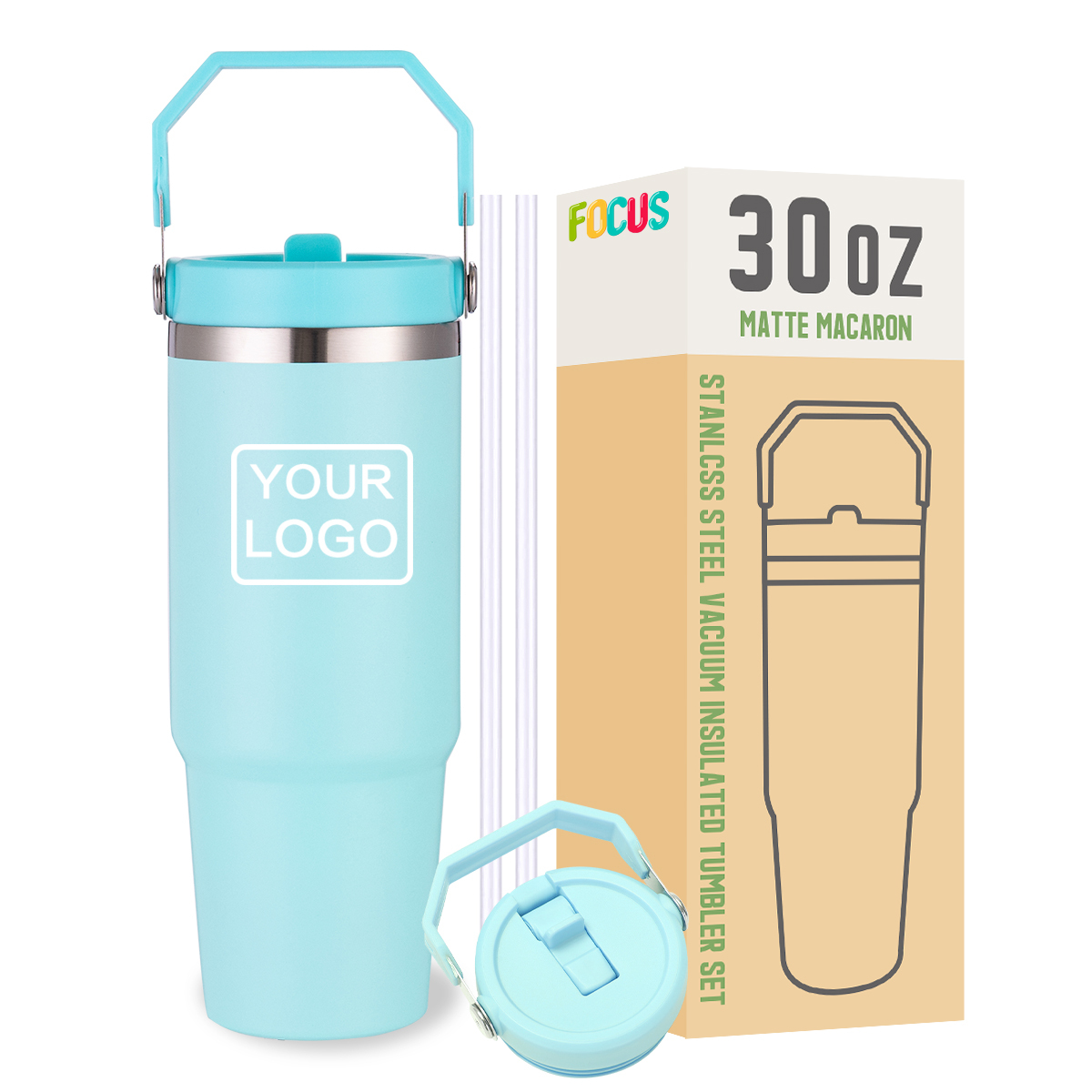 30oz Custom insulated tumbler with Handle and Flip Straw  Custom Coffee Tumbler