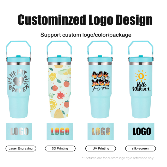 30oz Custom insulated tumbler with Handle and Flip Straw  Custom Coffee Tumbler