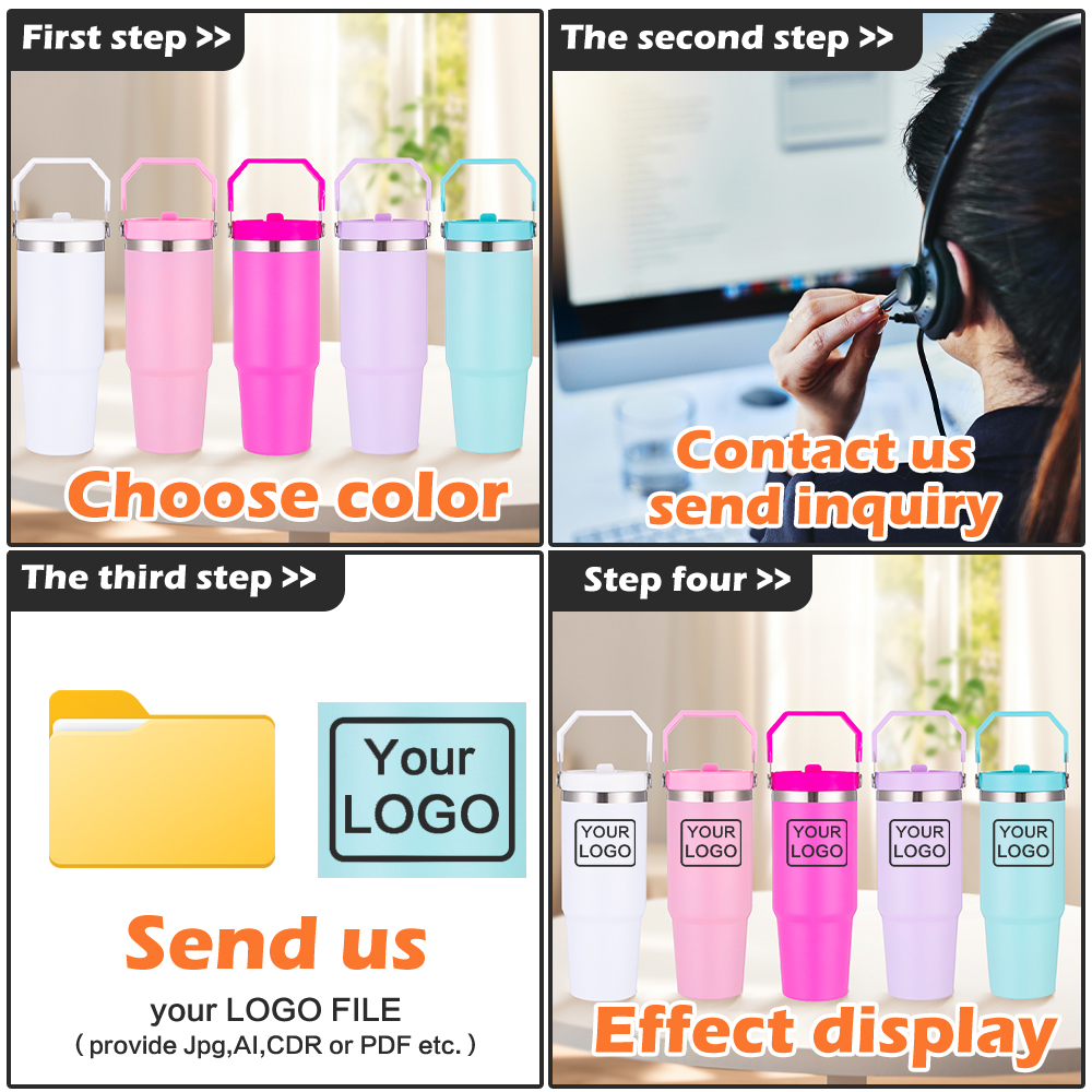 30oz Custom insulated tumbler with Handle and Flip Straw  Custom Coffee Tumbler