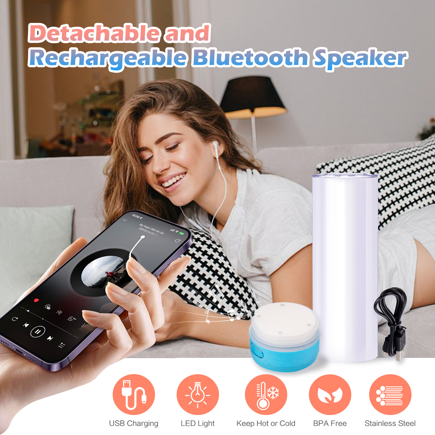 USA Tumbler Supplier Wholesaler 20oz Blue Tooth Music Speaker Sublimation Tumbler