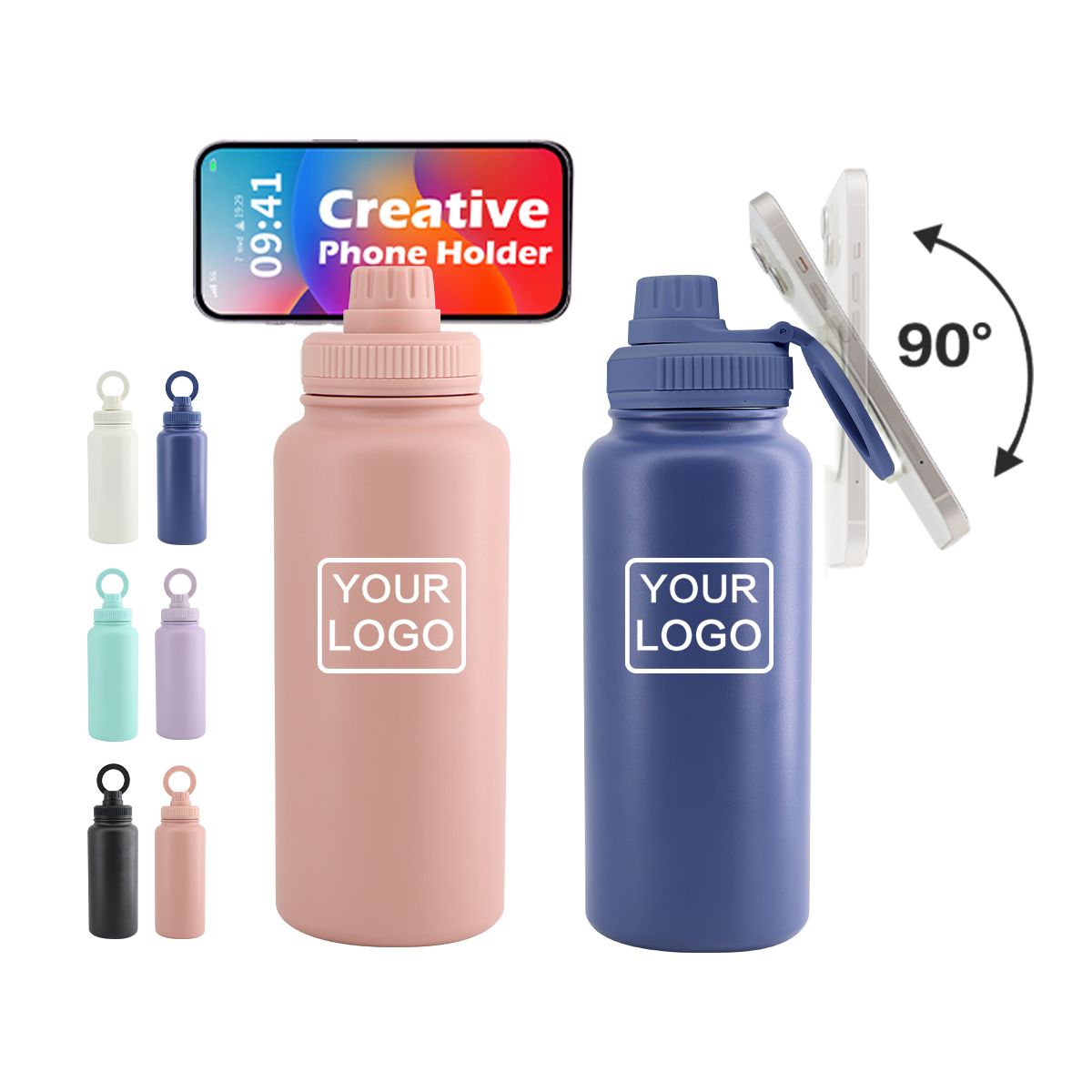 Custom Water Bottles 32oz with Magnetic Lid Phone Holder Booster Ring