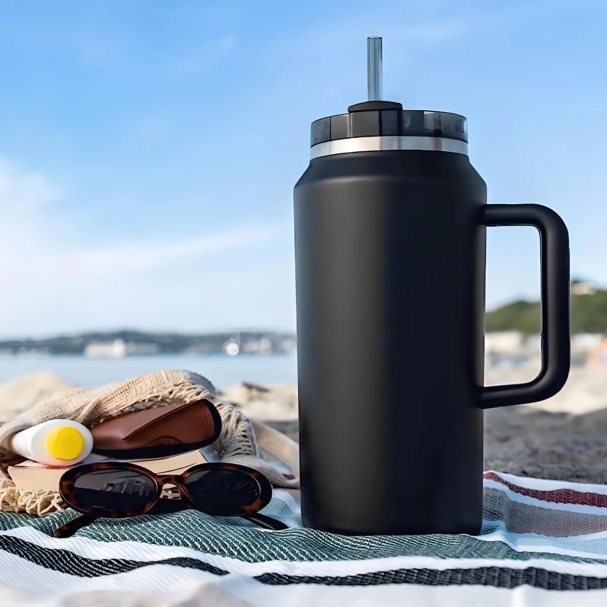 64oz Khaki Stainless Steel Insulated Tumbler with Straw and Lid