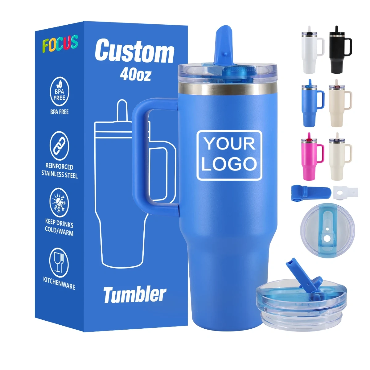 40oz Travel Tumbler With Handle Lid and Flip Straw Klein Blue Custom Coffee Tumbler