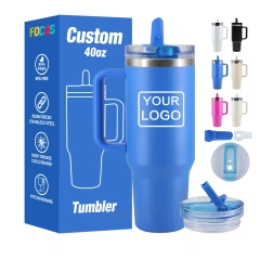 40oz Travel Tumbler With Handle Lid and Flip Straw Klein Blue Custom Coffee Tumbler
