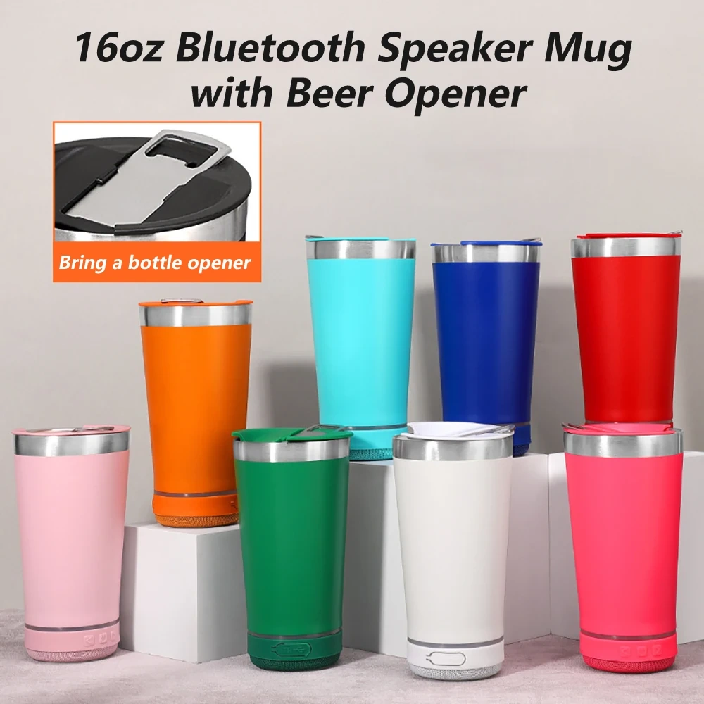 Custom Tumbler Cups 16oz Orange Music Speaker Tumbler with Beer Opener