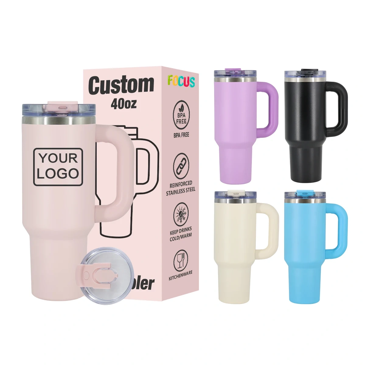 Custom Coffee Cups Powder Coated Pink 40oz Tumbler Stainless Steel Leak Proof 2 Drinks Cap Camp Water Bottles Insulated Tumbler