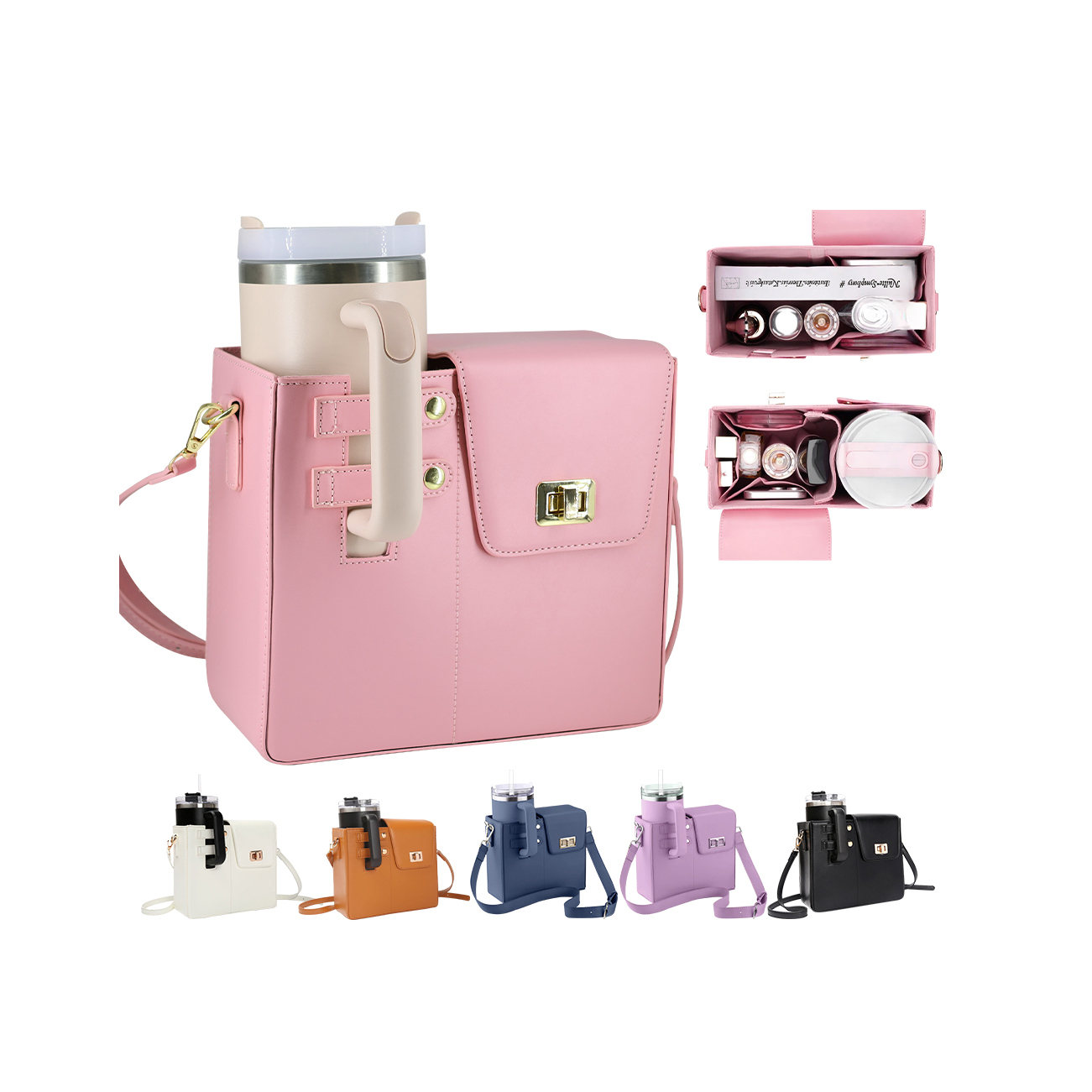 2025 New Tumbler Carrier Holder for Stanly Cup pink PU Leather Multi-function Fashion Lady Purse with Strap Cross Messenger Bag