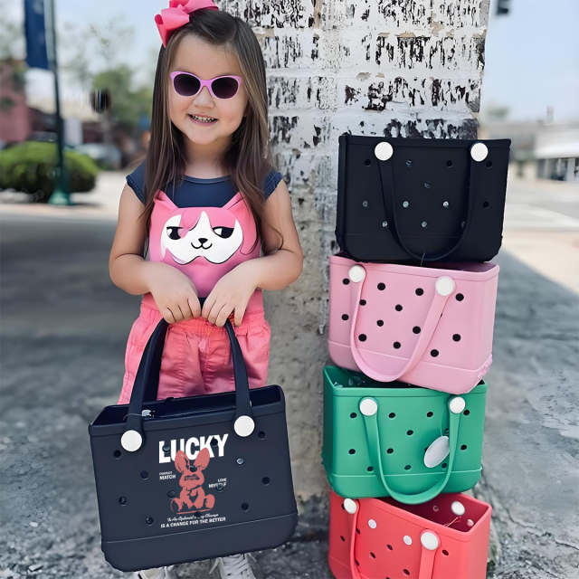 Custom Logo Small Size EVA Beach Bag for Children XS Summer Family Travel Bog Tote Bag with Strap for Cute Decoration Charms DIY