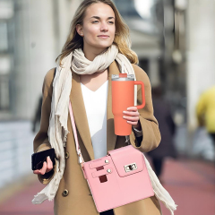 Stanly Tumbler Carrier Purse Bag Fashion Pink Water Bottle Holder Shoulder Bag with Strap PU Coffee Cups Tote Bag with Button