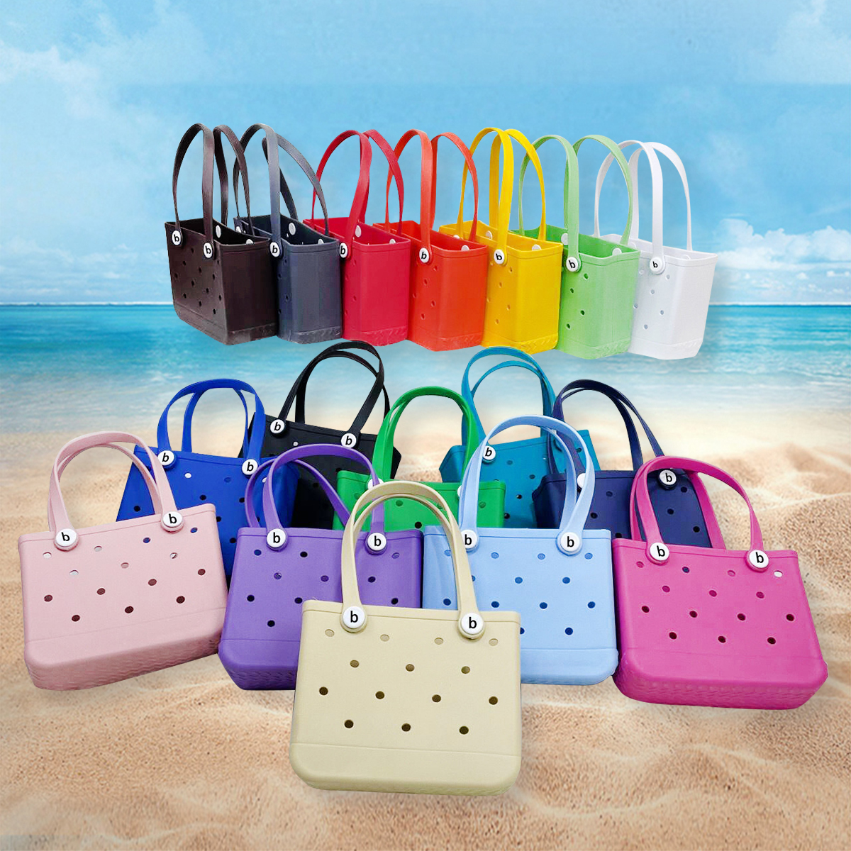 New Fashion Colorful XS Rubber Beach Bags Kids Small Tote Shopping Bags with Straps Light Washable Pink EVA Bags Custom Logo