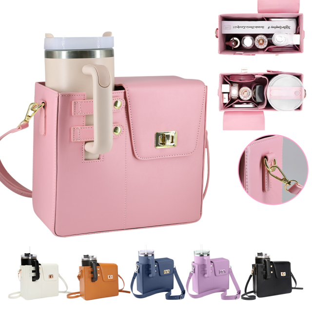 Stanly Tumbler Carrier Purse Bag Fashion Pink Water Bottle Holder Shoulder Bag with Strap PU Coffee Cups Tote Bag with Button