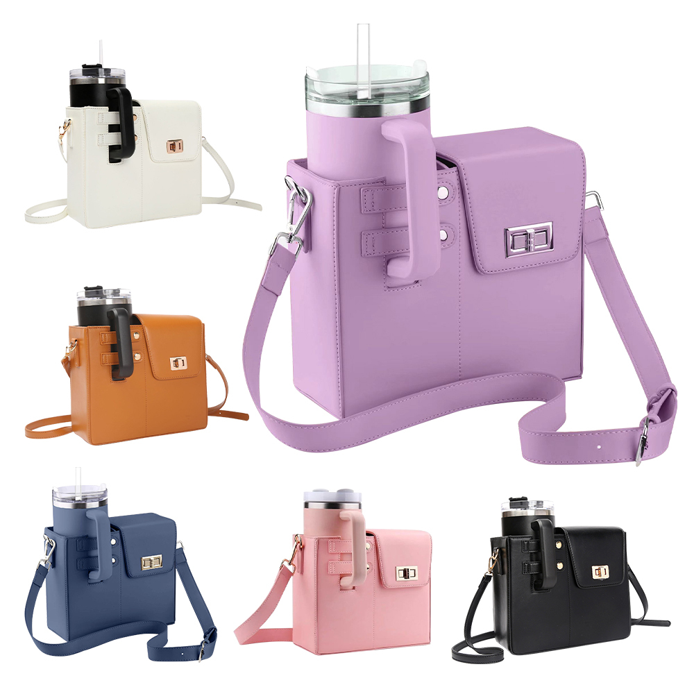Messenger Bag for 40oz Tumbler Purple Sling Bag PU Leather Large Capacity Water Bottle Carrier Shoulder Bag Purse for Stanly Cup