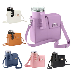 Messenger Bag for 40oz Tumbler Purple Sling Bag PU Leather Large Capacity Water Bottle Carrier Shoulder Bag Purse for Stanly Cup