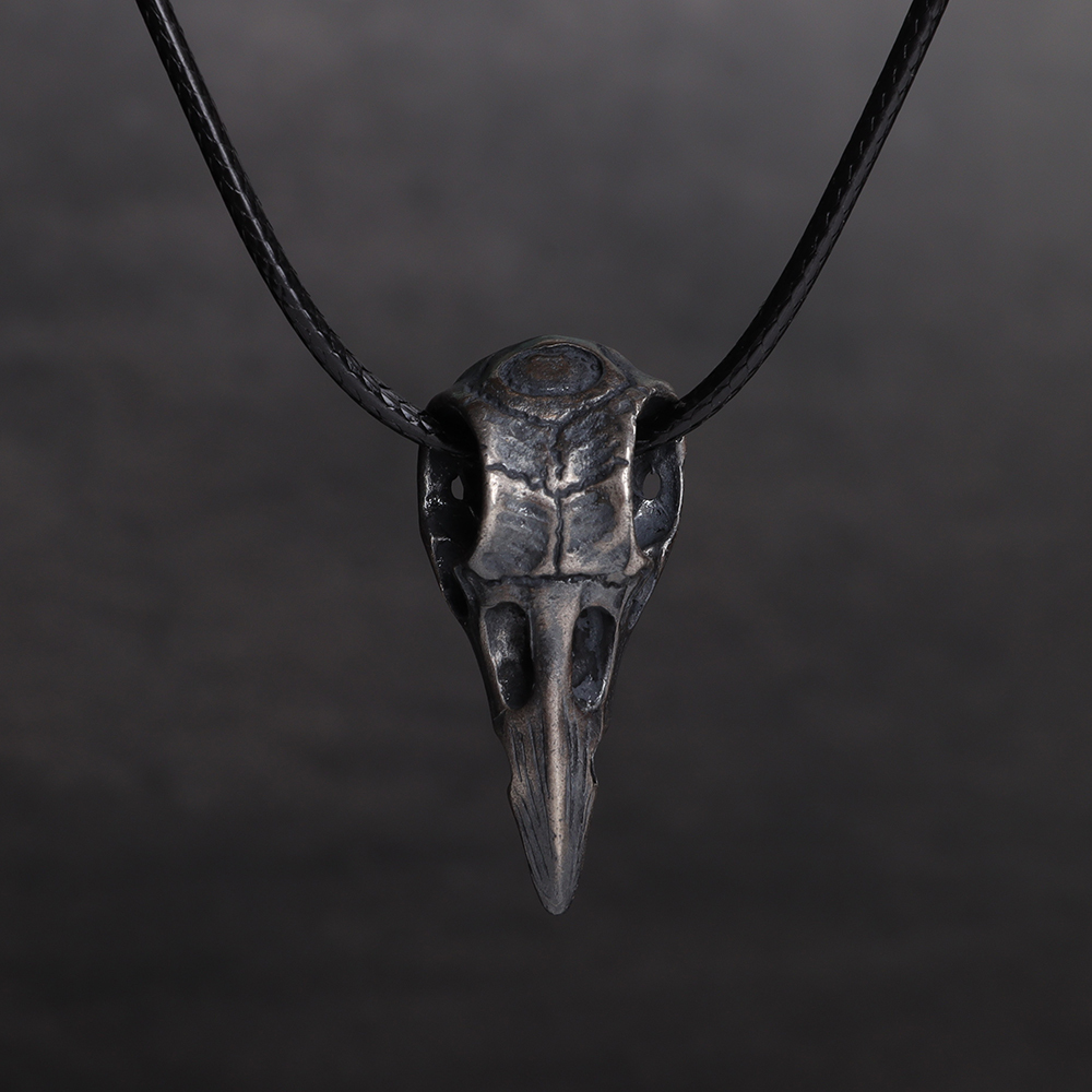 Oxidized Silver Crow Skull Pendant Necklace