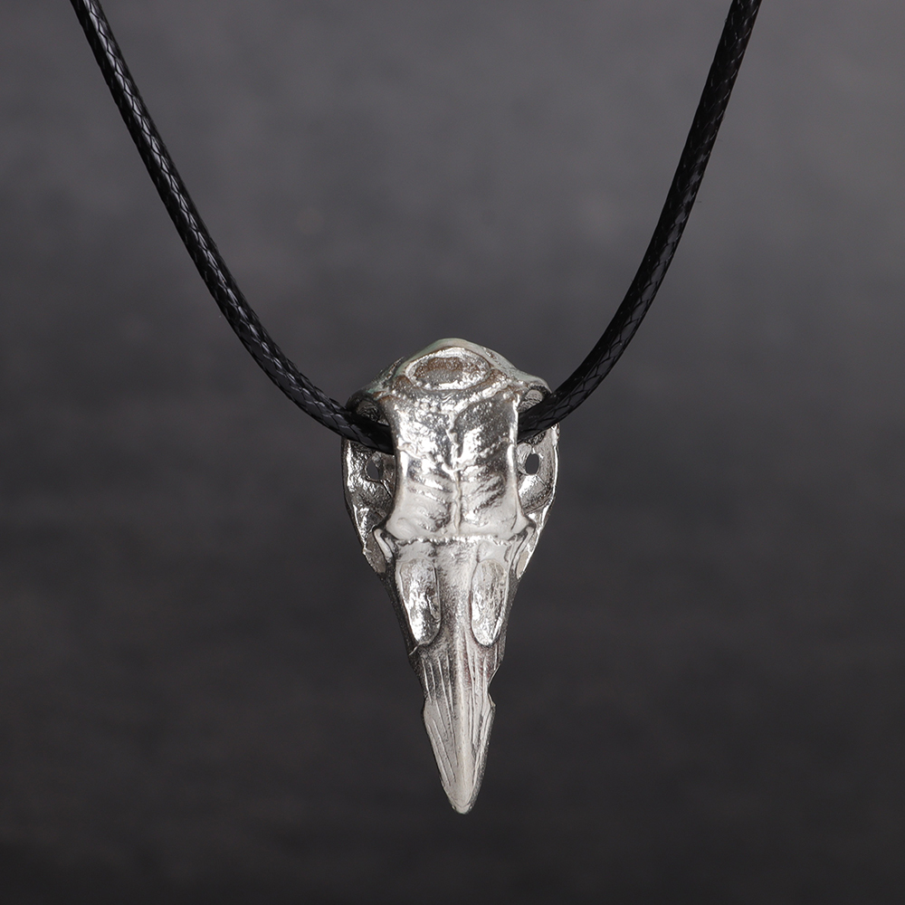 Oxidized Silver Crow Skull Pendant Necklace