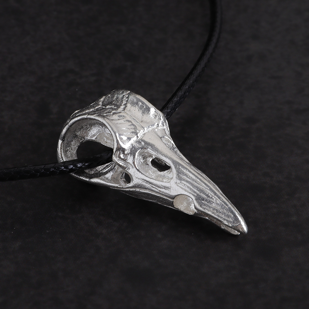 Oxidized Silver Crow Skull Pendant Necklace
