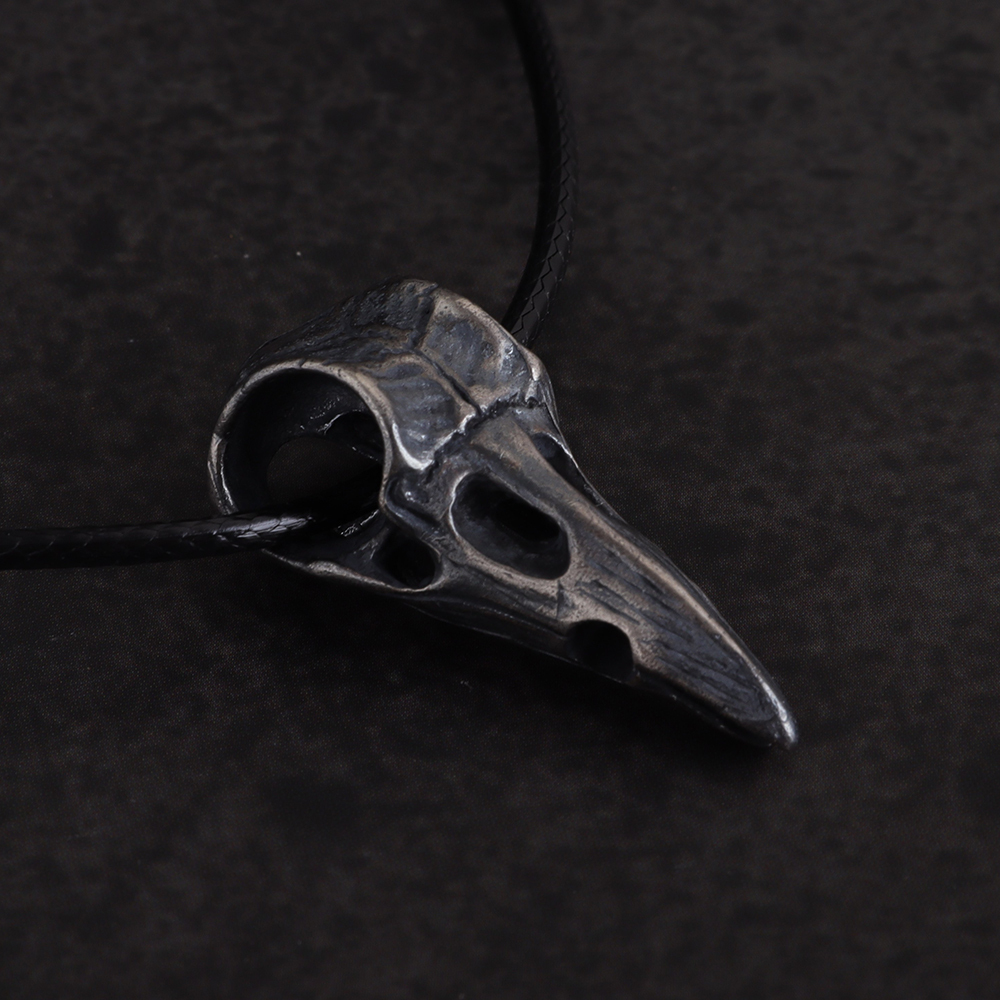 Oxidized Silver Crow Skull Pendant Necklace
