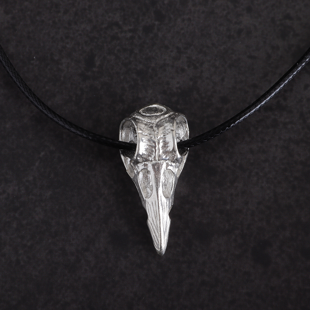Oxidized Silver Crow Skull Pendant Necklace