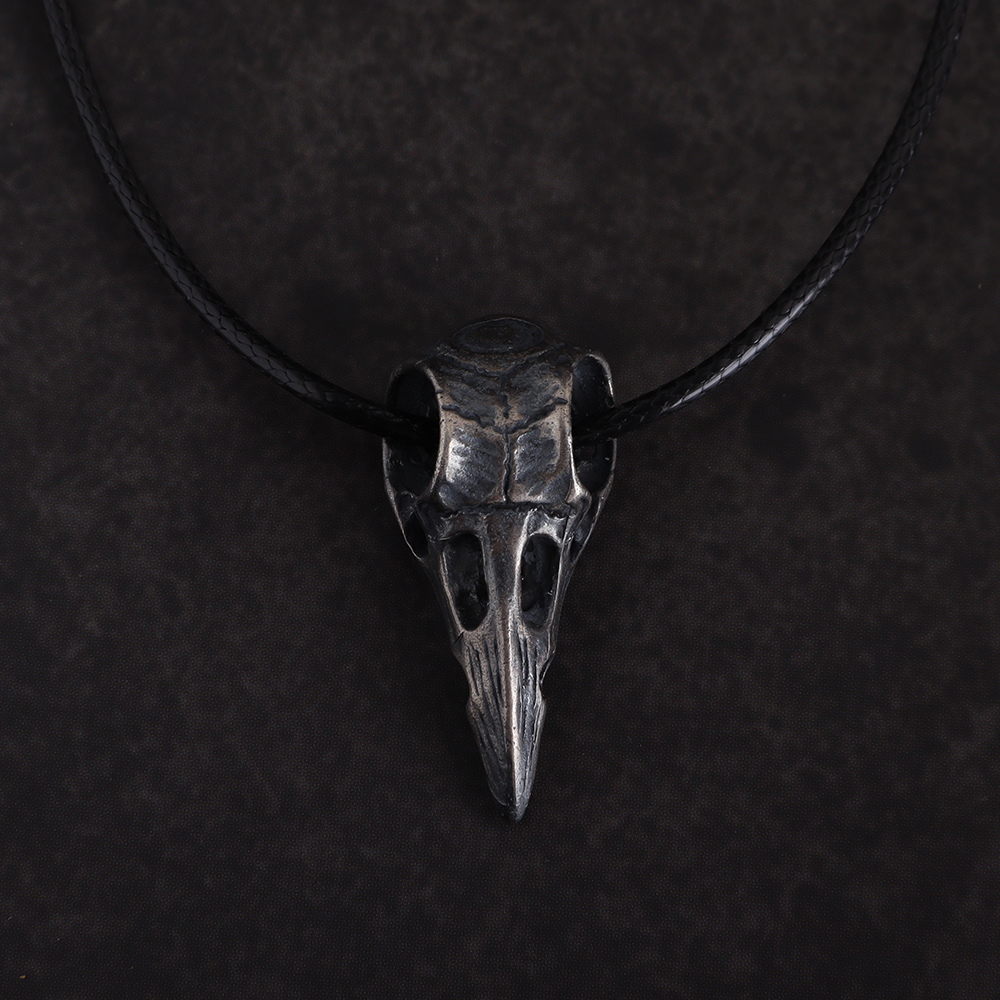 Oxidized Silver Crow Skull Pendant Necklace