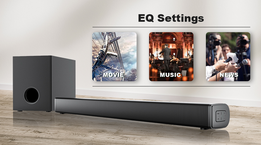 soundbar subwoofer system 3 EQ settings include movie music news