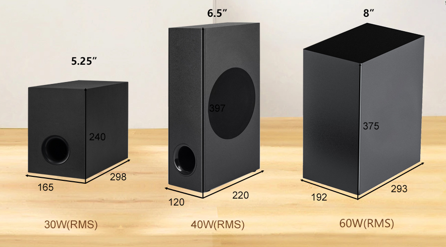 soundbar with 30W 40W 60W subwoofer in three sizes