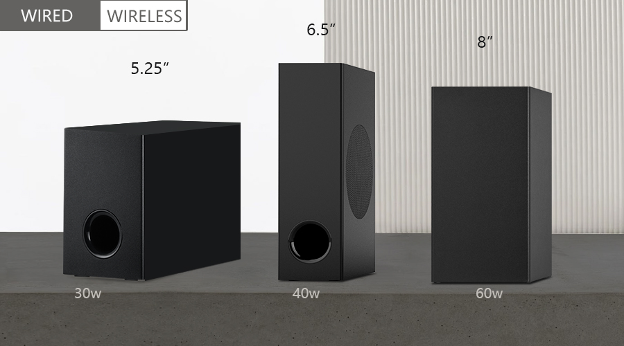 soundbar with subwoofer in three sizes 