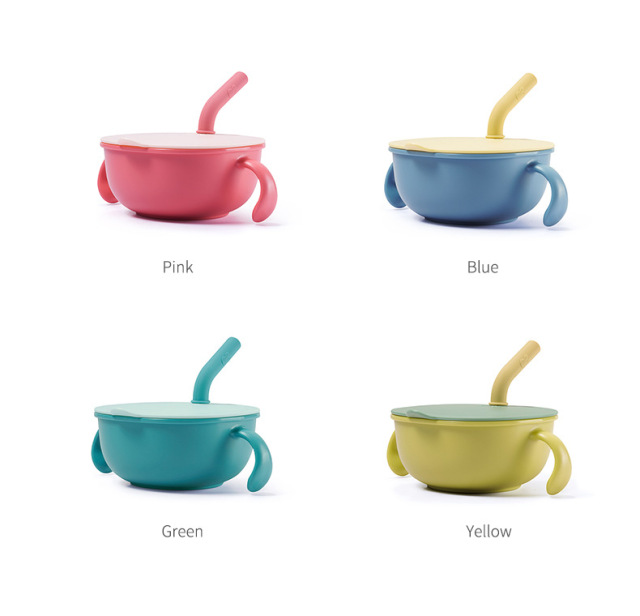 Plastic Baby feeding bowl silicone straw snacks bowls with suction cups
