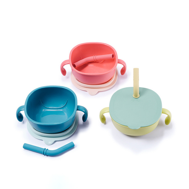 Plastic Baby feeding bowl silicone straw snacks bowls with suction cups