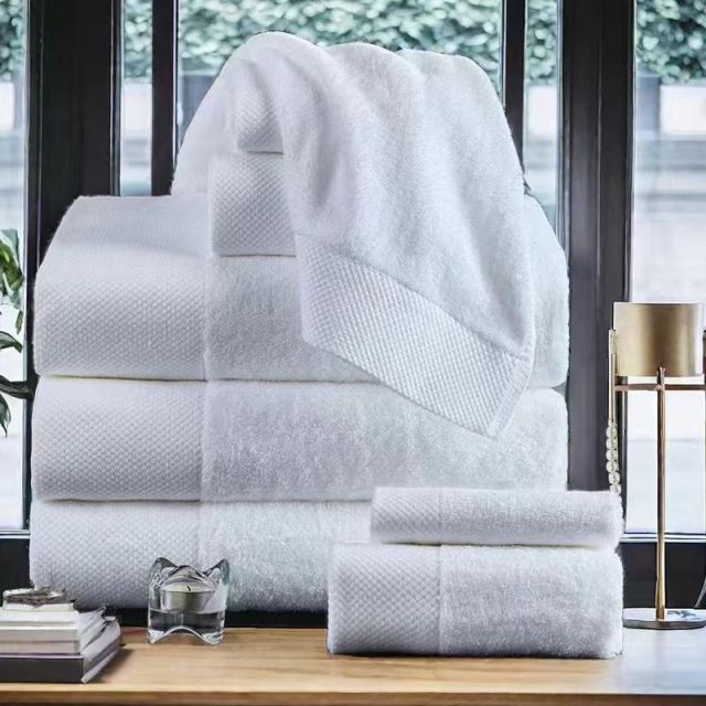 3-Piece Hotel Towel Set on Table - Bath/Hand/Washcloth Bundle for 5-Star Hotels & Resorts | Bulk Order Available