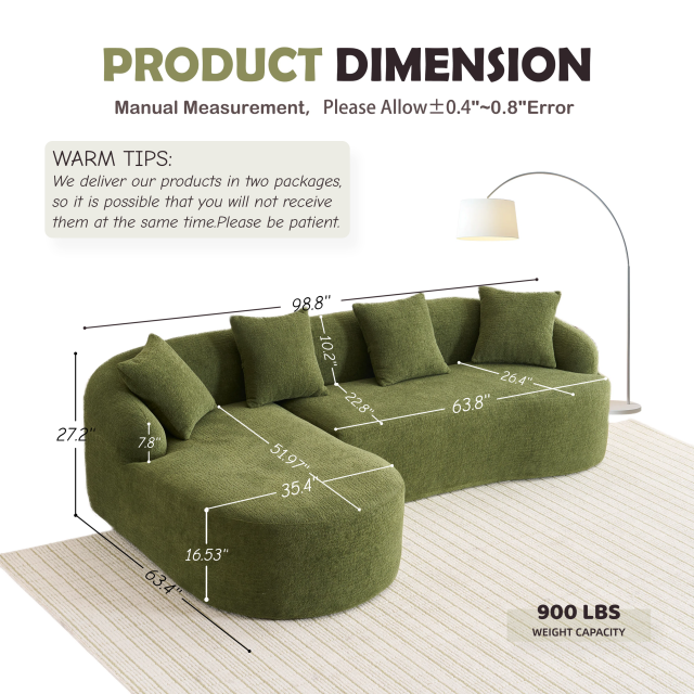 Shape Sectional Sofa with Curved Chaise, Green Modular Chenille Couch Featuring Full Compression 30D High - Density Sponge, 900 lbs. Load - Bearing for Apartment Living Room